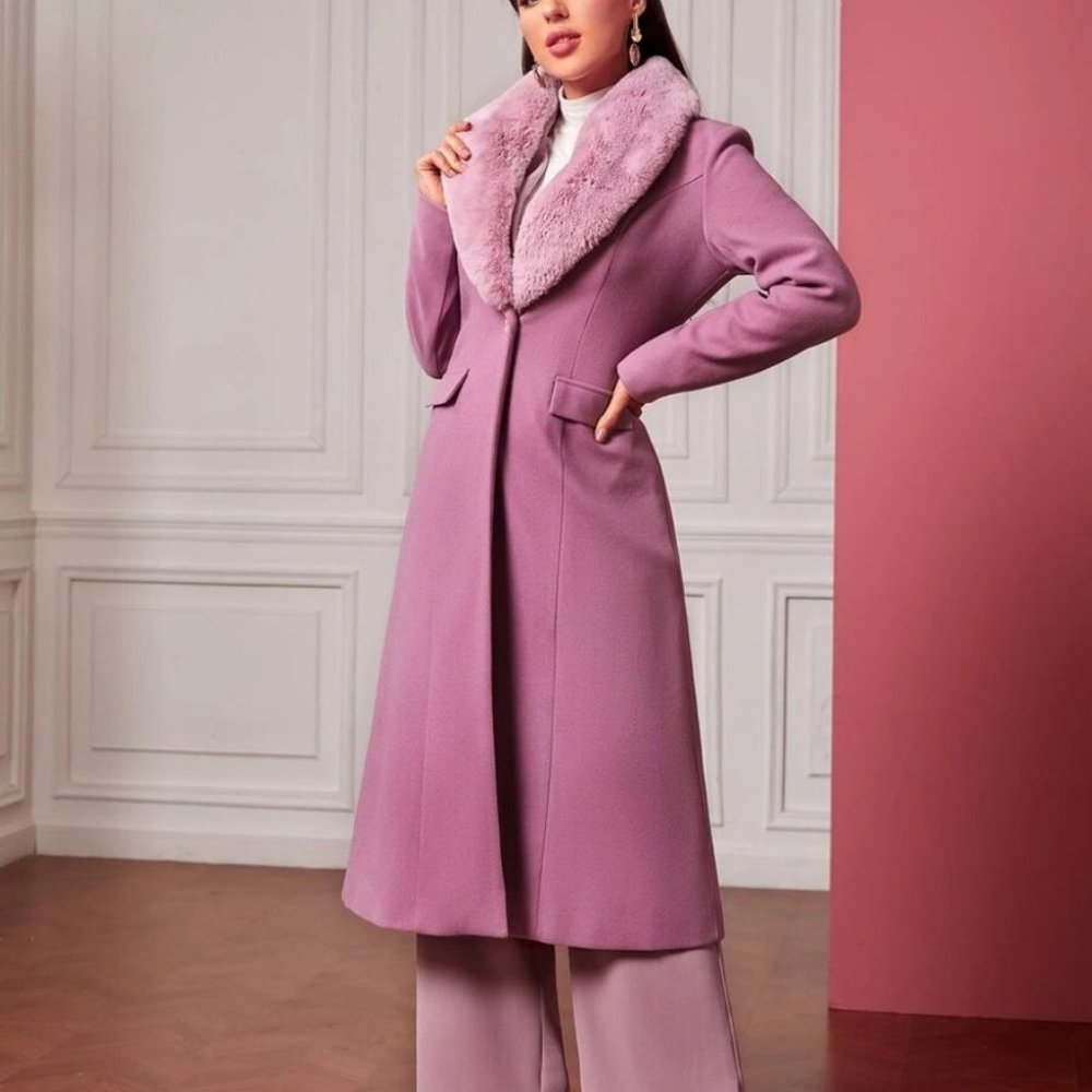 Faux fur trimmed Collar Single Button Overcoat Jacket Purple - Picture 1 of 8